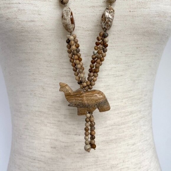 Beaded Long Hand Knotted Landscape Jasper Elephant Tassel Necklace 33" Infinity - Picture 3 of 16